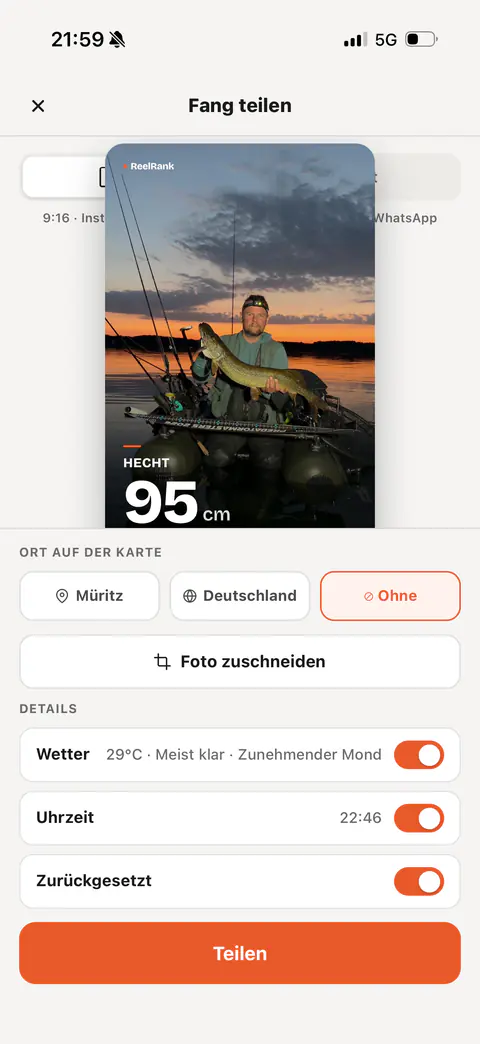 Die Teilen-Ansicht der App: Detail-Schalter für Wetter, Köder und Ort vor dem Teilen.