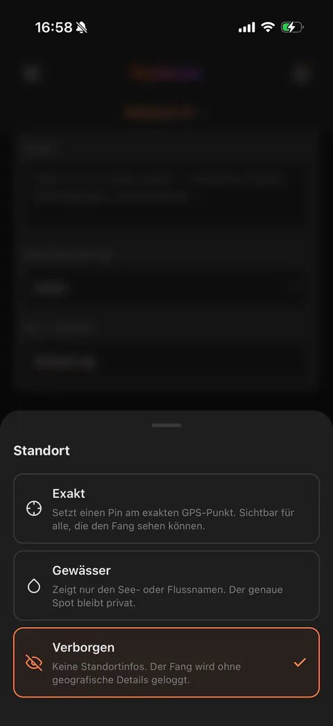 Standort-Einstellungen eines Fangs: genauer Spot, nur Gewässer oder verborgen.